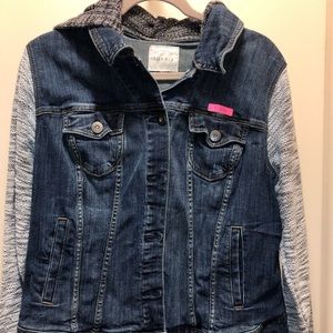 Torrid Jean Jacket with sweater sleeves and hood.